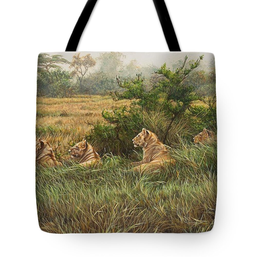 Lions Tote Bag featuring the painting We're Watching You Too by Alan M Hunt