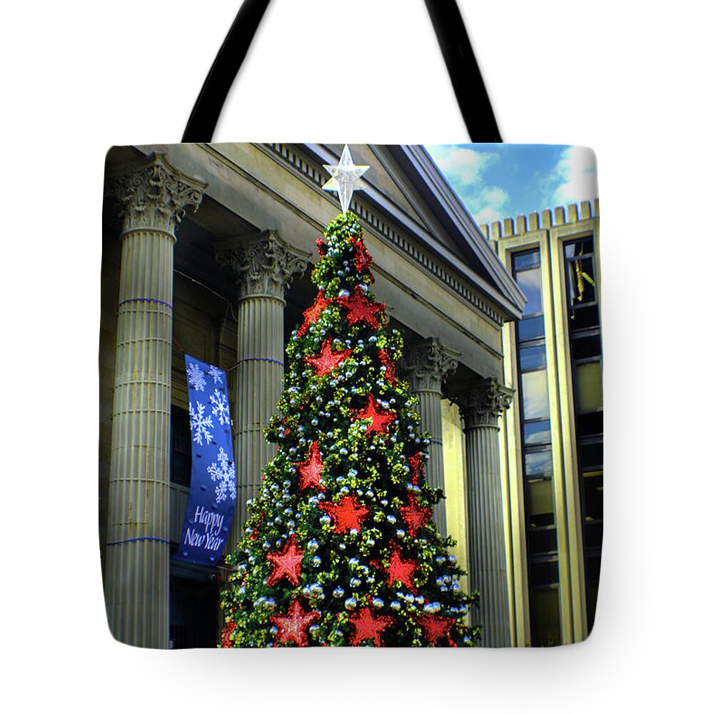 December Tote Bag featuring the photograph West Chester Christmas Tree by Sandy Moulder