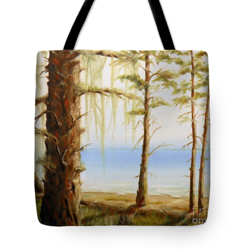 Ocean Water Sea Islands Trees Sky Mist Moss Beach Sand Waves Shadows Light Branches Log Stumps Grass Seascape Landscape Blue Green White Grey Brown Red Yellow Tote Bag featuring the painting West Coast View by Ida Eriksen
