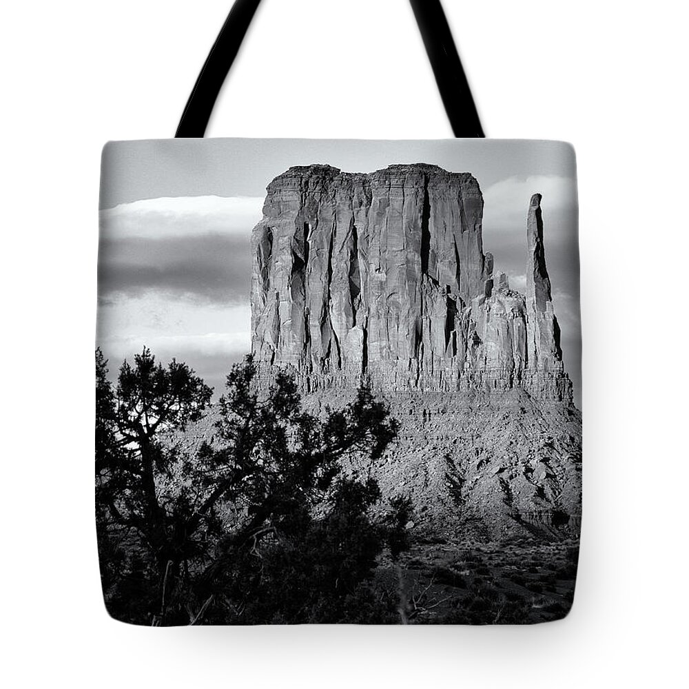 West Mitten Butte Tote Bag featuring the photograph West Mitten Butte Black and White by Nicholas Blackwell