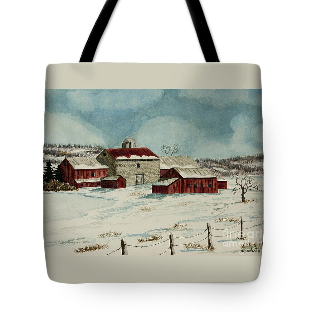 Winter Scene Paintings Tote Bag featuring the painting West Winfield Farm by Charlotte Blanchard