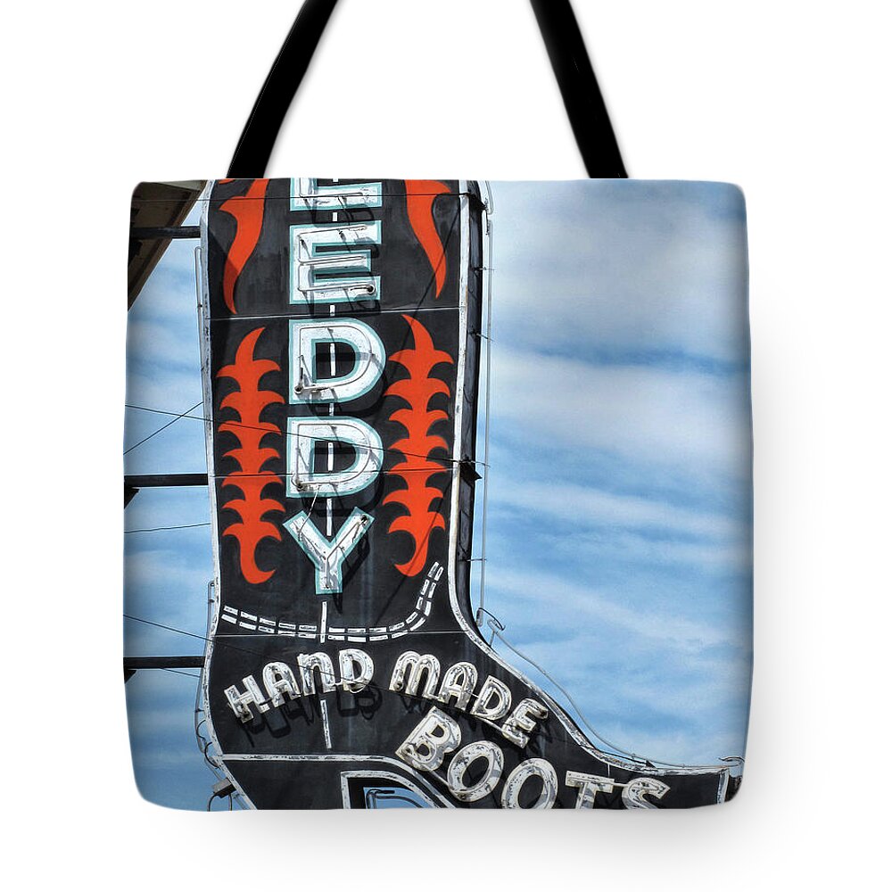 Advertising Tote Bag featuring the photograph Western Boot Sign by David and Carol Kelly