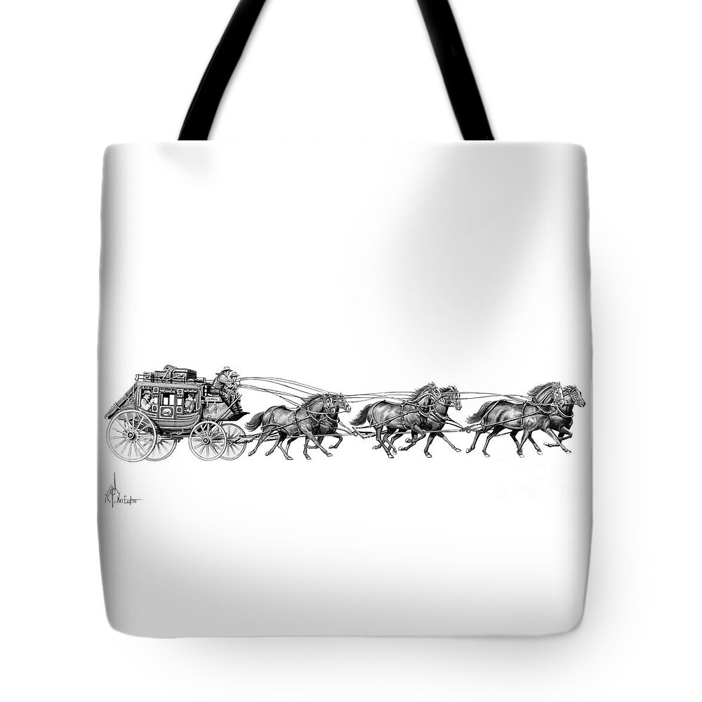 Pencil Tote Bag featuring the drawing Western Stagecoach by Murphy Elliott