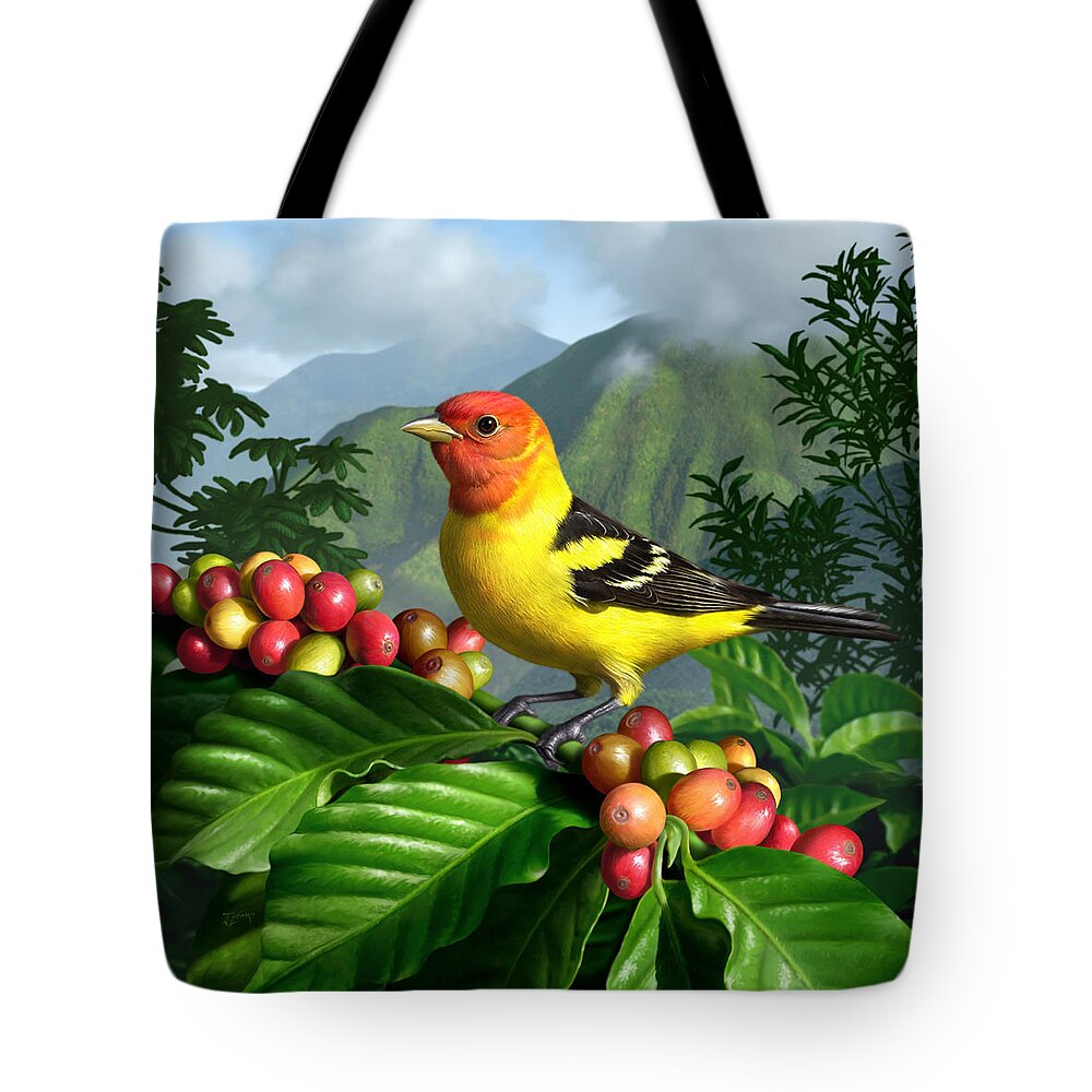 Bird Tote Bag featuring the digital art Western Tanager by Jerry LoFaro