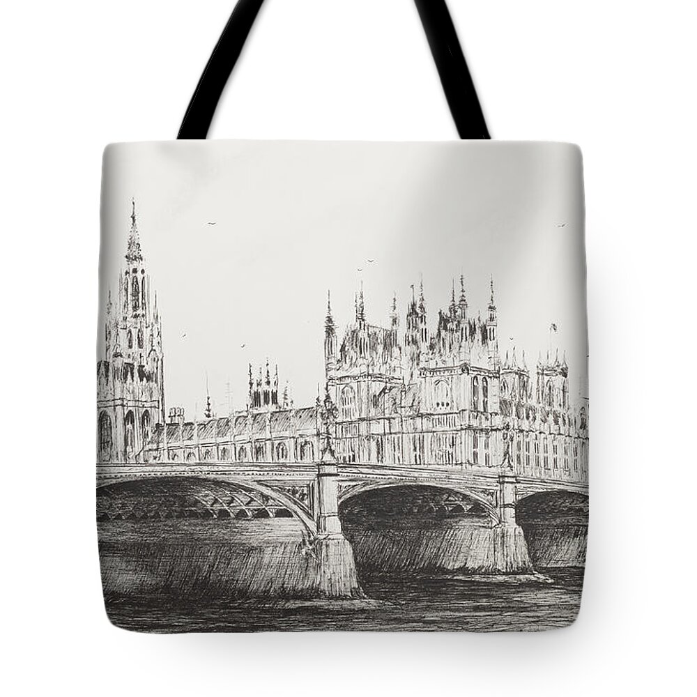 Bridge Tote Bag featuring the drawing Westminster Bridge by Vincent Alexander Booth