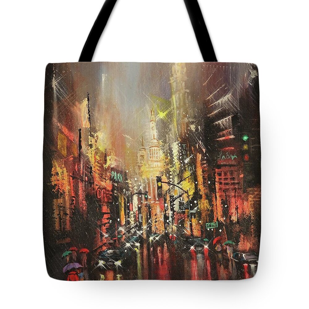 City Rain Tote Bag featuring the painting Wet Streets by Tom Shropshire