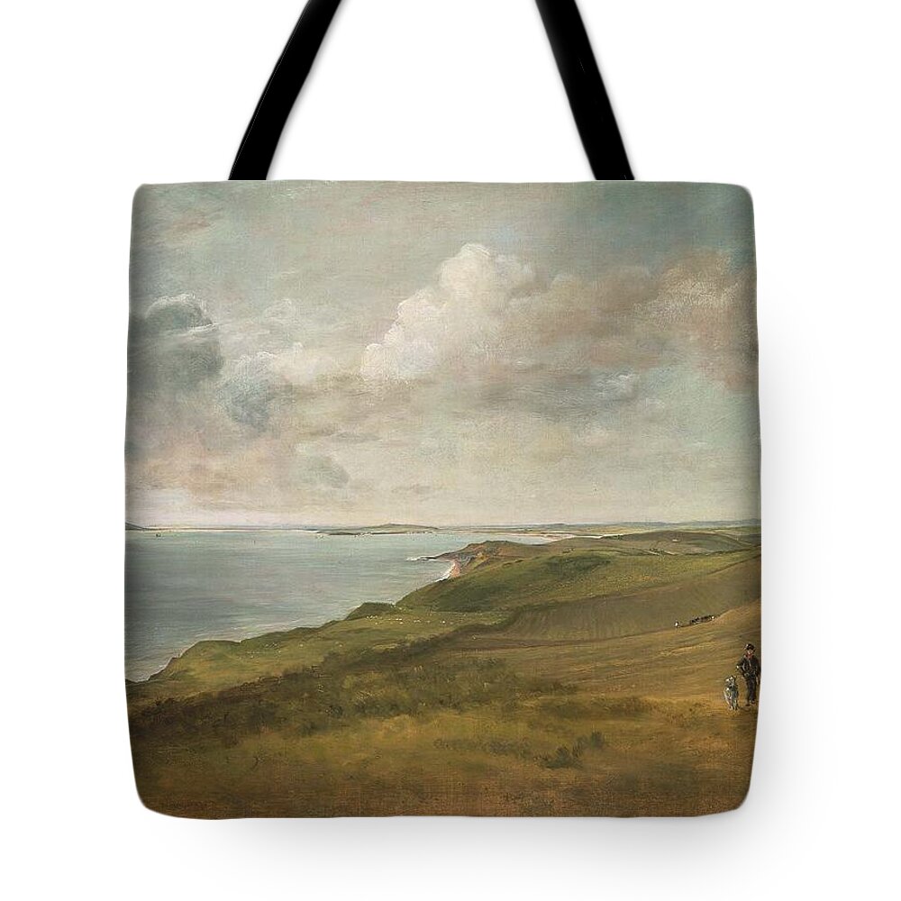 Weymouth Bay From The Downs Above Osmington Mills Tote Bag featuring the painting Weymouth Bay from the Downs above by MotionAge Designs