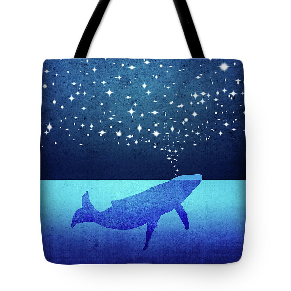 Whale Tote Bag featuring the digital art Whale Spouting Stars by Laura Ostrowski