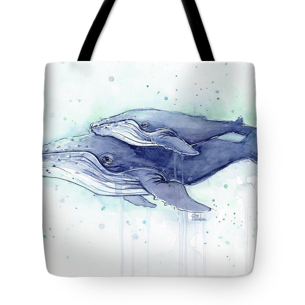 Whale Tote Bag featuring the painting Whales Humpback Watercolor Mom and Baby by Olga Shvartsur