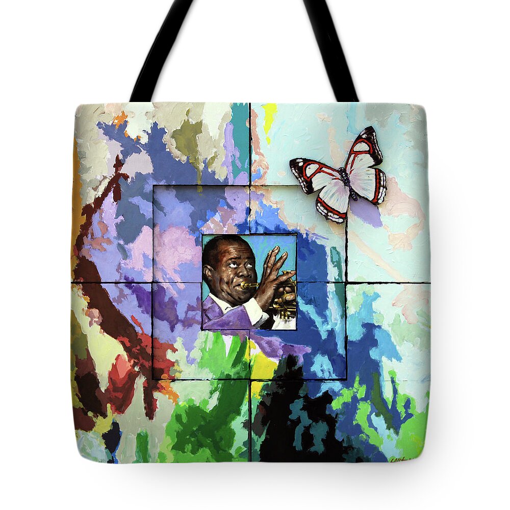 Louis Armstrong Tote Bag featuring the painting What A Wonderful World by John Lautermilch