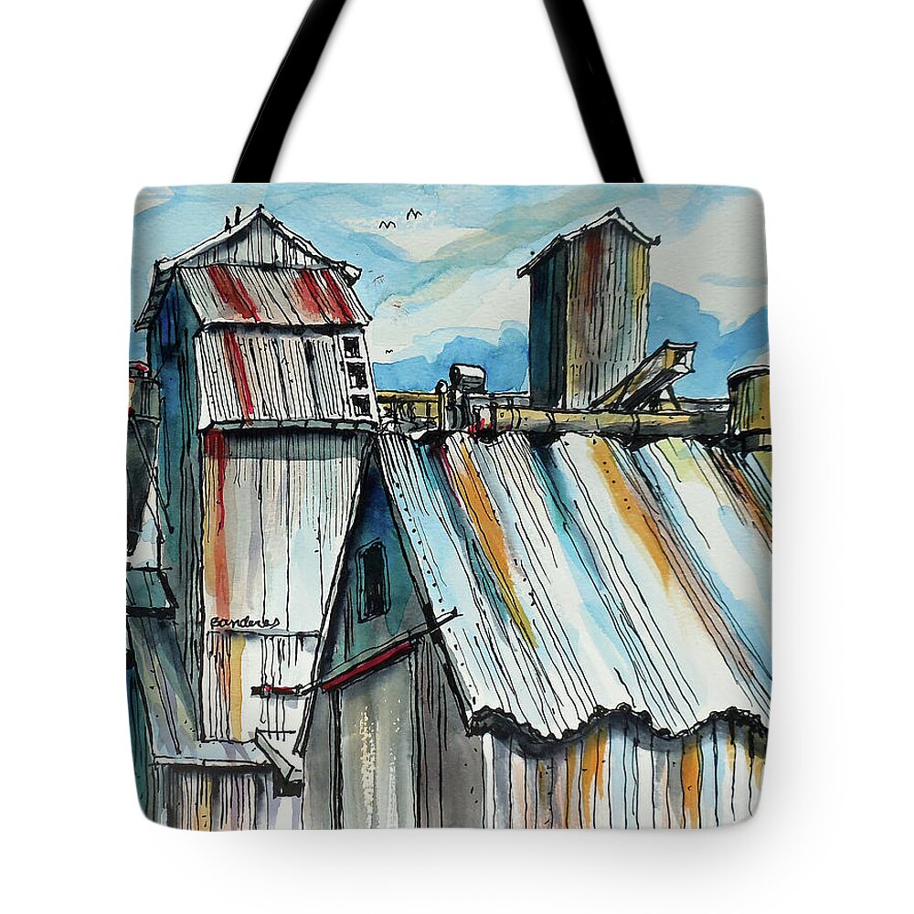 Mixed Media Tote Bag featuring the painting Wheatland High Rise by Terry Banderas
