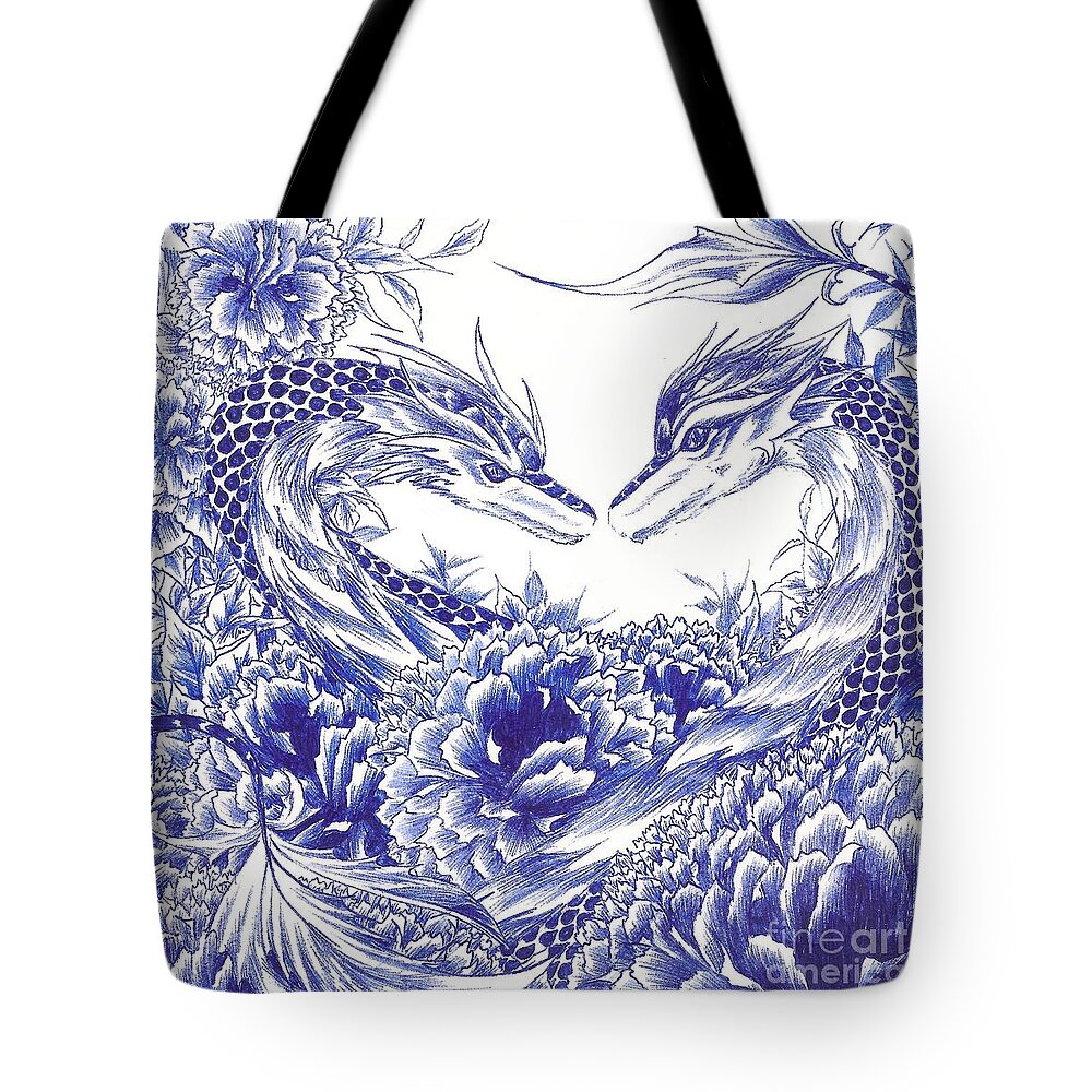 Dragon Tote Bag featuring the drawing When Our Eyes Meet by Alice Chen