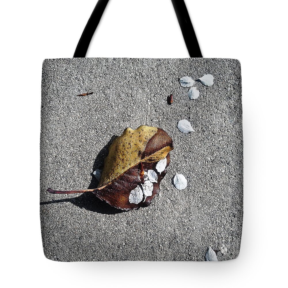 Nature Tote Bag featuring the photograph When Petals Met Leaf by Fei A