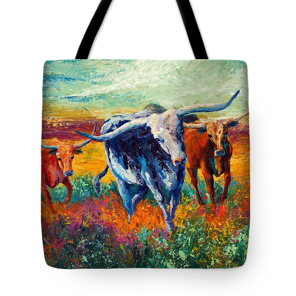Long Horns Tote Bag featuring the painting When The Cows Come Home by Marion Rose