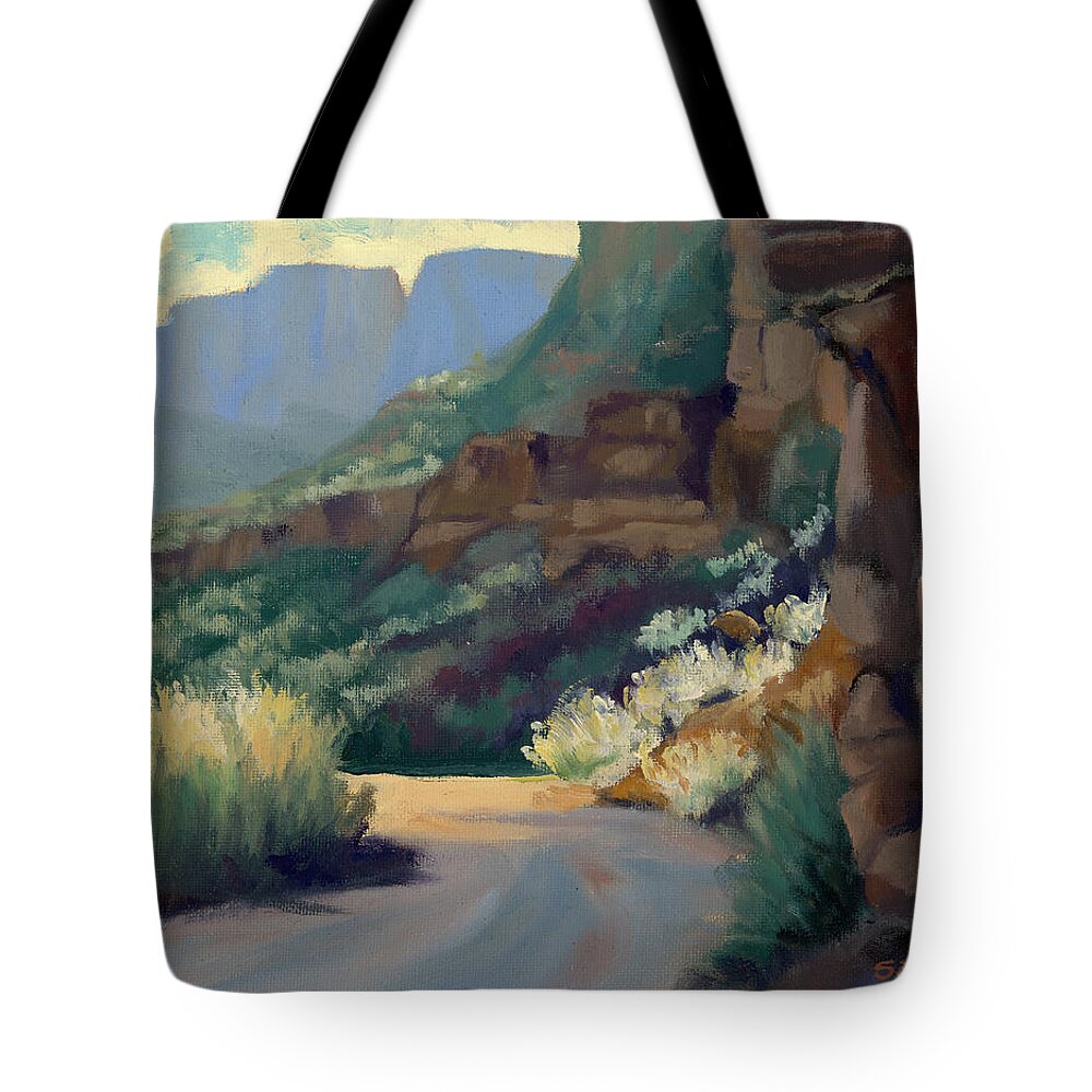 Utah Landscape Tote Bag featuring the painting Where the Road Bends by Sandy Fisher