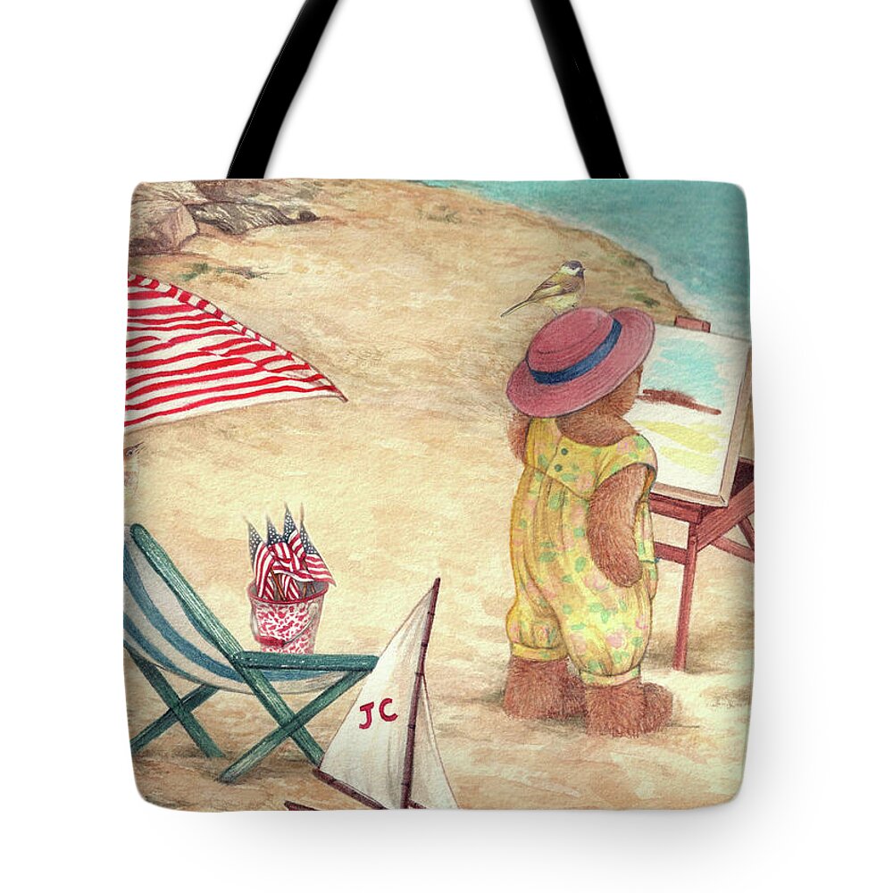 Illustrated Teddy Bear Tote Bag featuring the painting Whimsical Bear on the Beach by Judith Cheng