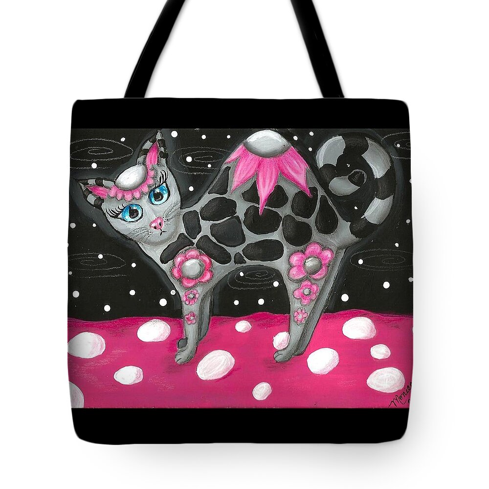 Pink Black Whimsical Kitty Cat Polka Dot Grey Blue Eyes Painting Colorful Vibrant Fun Tote Bag featuring the painting Whimsical Black Pink Floral Kitty Cat by Monica Resinger