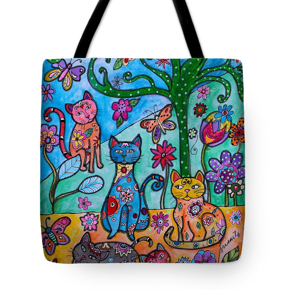 Gato Tote Bag featuring the painting Whimsical Cats by Pristine Cartera Turkus