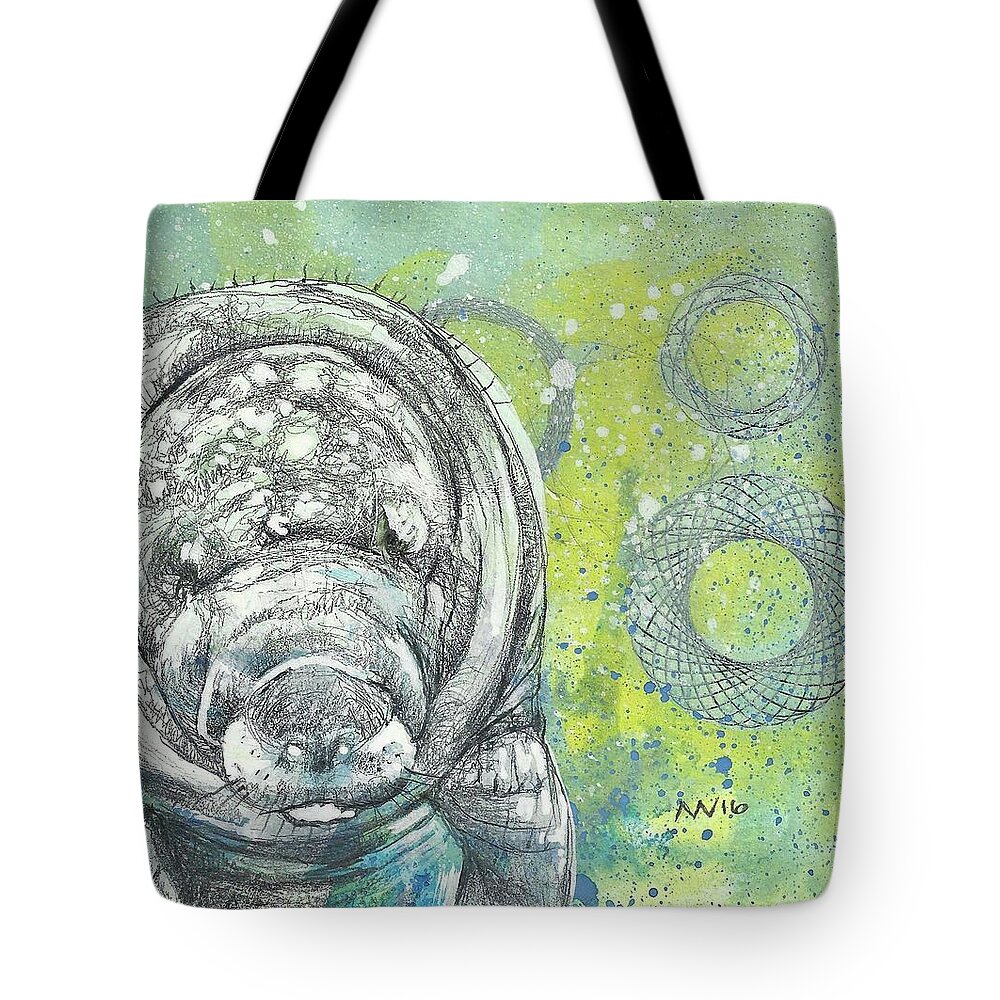 Manatee Tote Bag featuring the mixed media Whimsical Manatee by AnneMarie Welsh