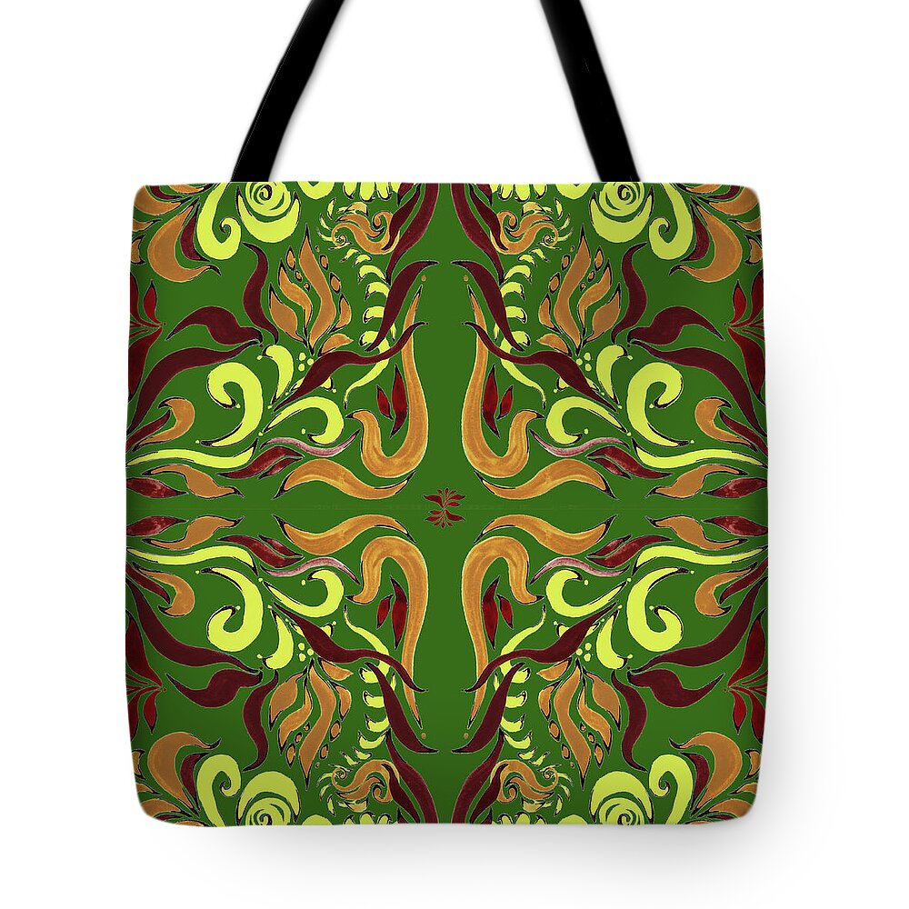 Whimsical Tote Bag featuring the painting Whimsical Organic Pattern in Yellow and Green I by Irina Sztukowski