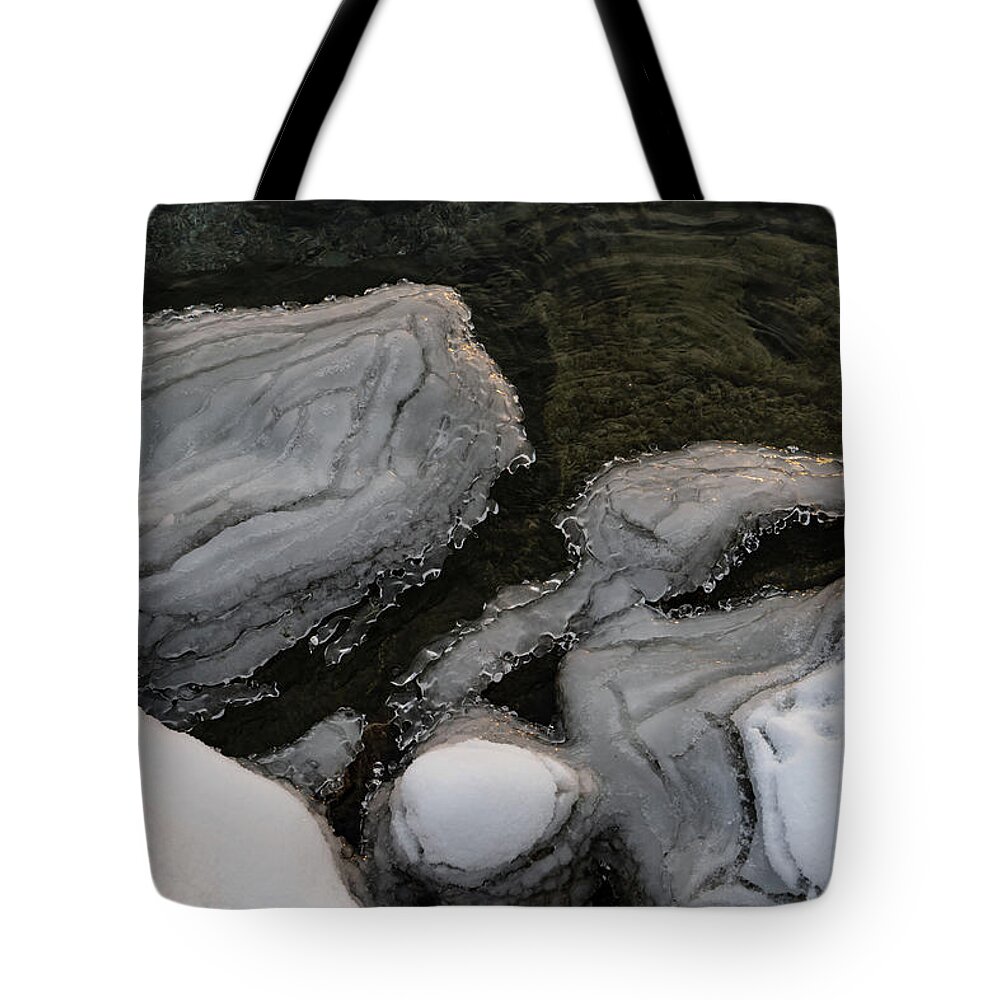 Georgia Mizuleva Tote Bag featuring the photograph Whimsical Winter Patterns Created by the Waves by Georgia Mizuleva