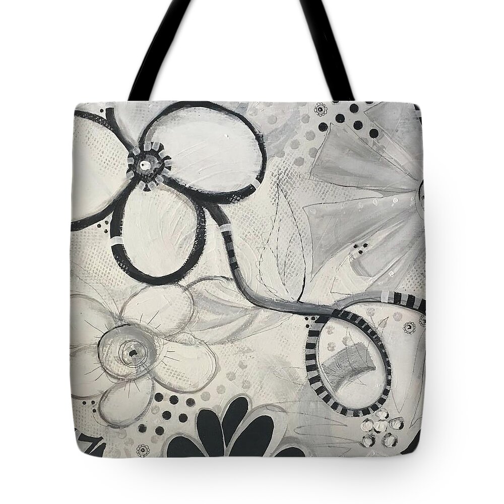 Black & White Tote Bag featuring the mixed media Whimsy flower by Nancy Gunther