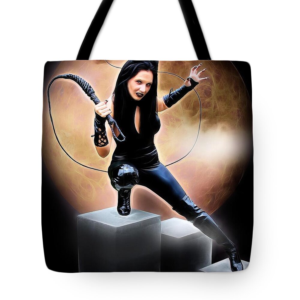 Fantasy Tote Bag featuring the painting Whip Of The Feline Fatale by Jon Volden
