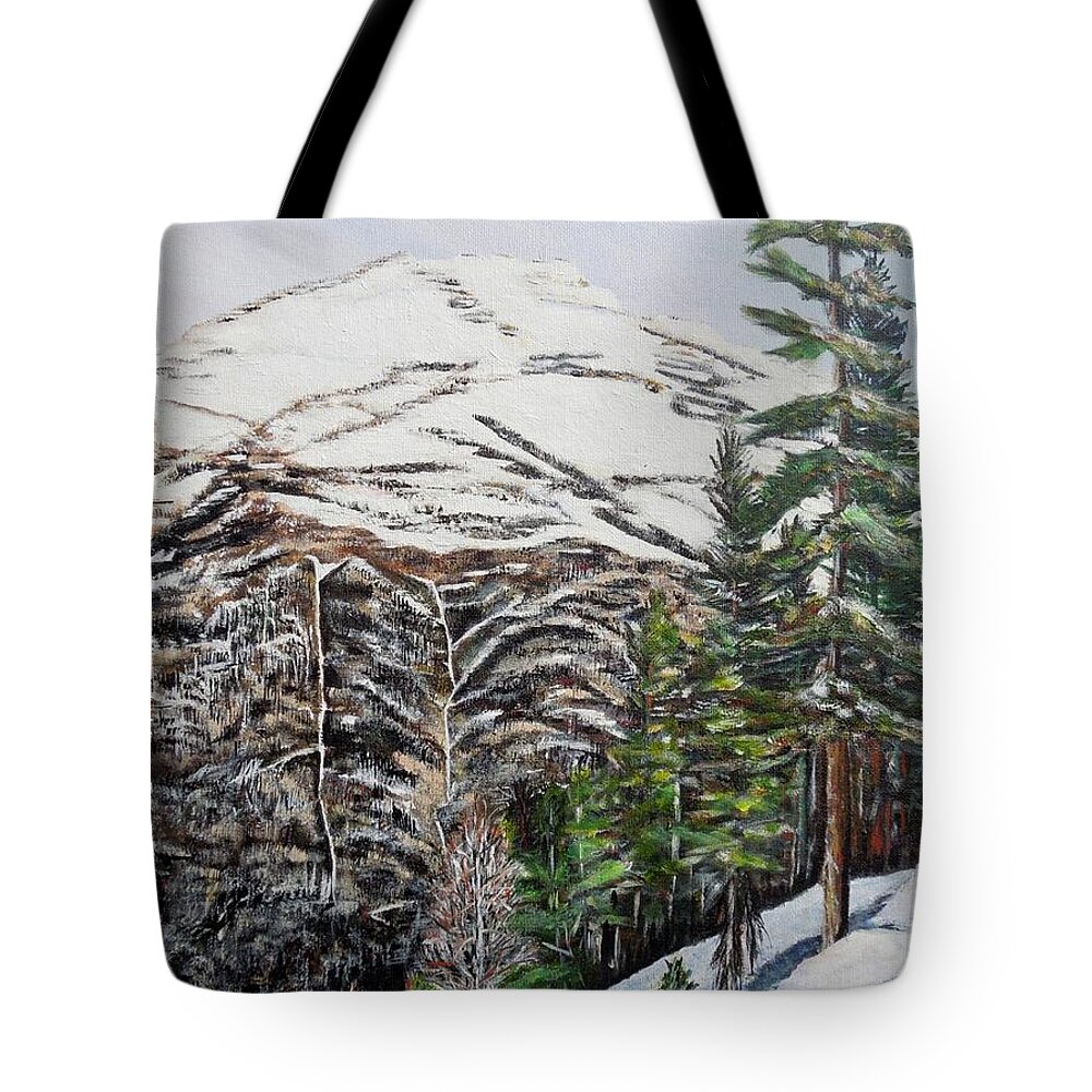 Mountain Tote Bag featuring the painting Whispering pines by Marilyn McNish