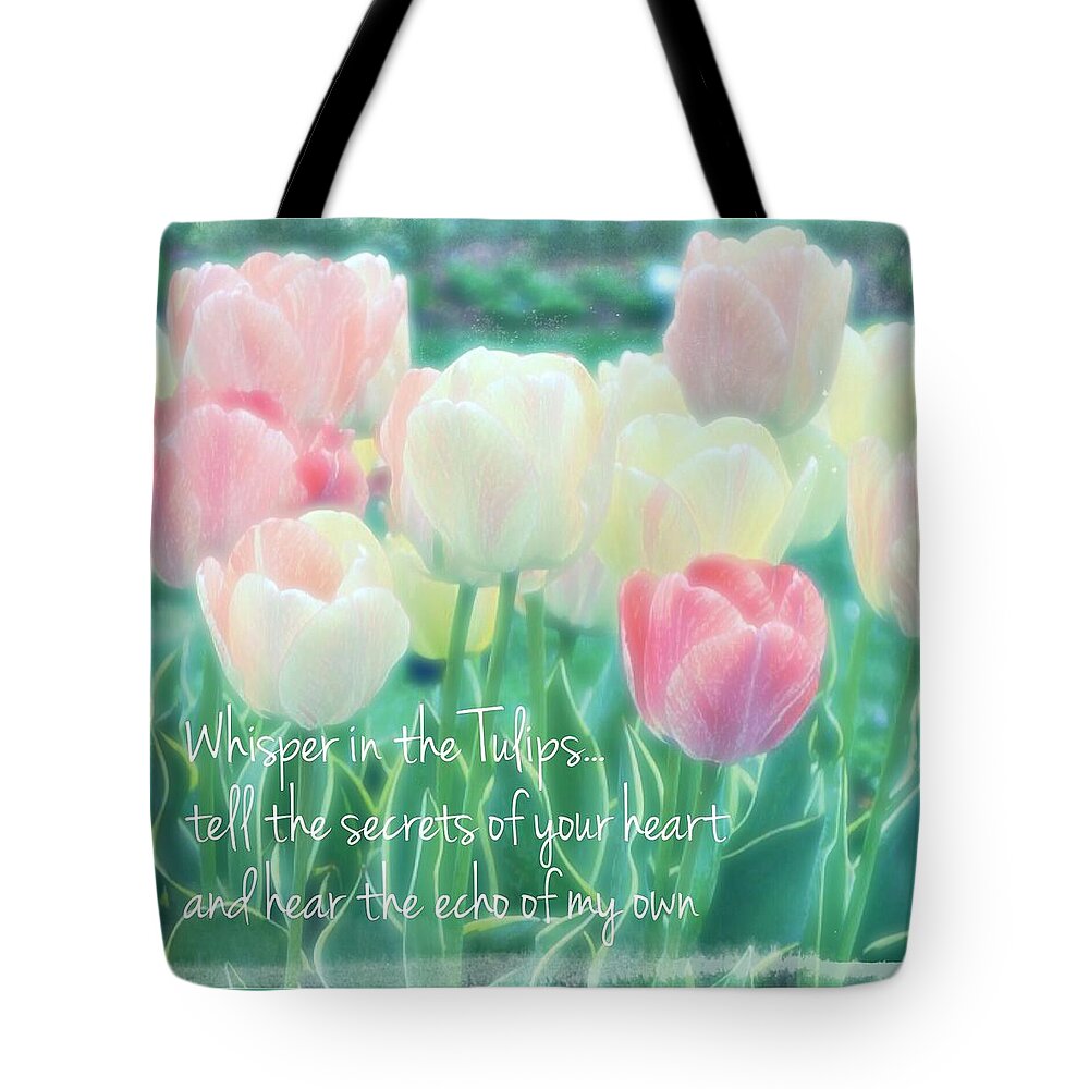 Spring Mists And Tulips Tote Bag featuring the digital art Whispering Tulips by Pamela Smale Williams