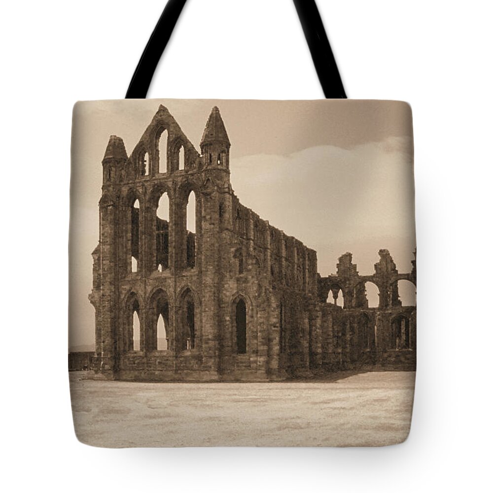 Whitby Abbey England Sepia Old Medieval Middle Ages Church Monastery Nun Nuns Architecture York Yorkshire Monasteries Ruins Saint Century Black Death Building Cathedral Cloister Feudal Benedictine Monk Monks Celtic Bram Stoker Dracula Tote Bag featuring the photograph Whitby Abbey #33 by Raymond Magnani