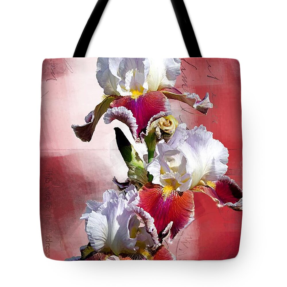Beautiful Tote Bag featuring the digital art White and Burgundy Irises by Debra Baldwin