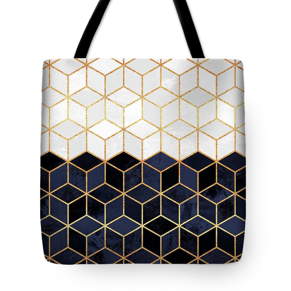 Graphic Tote Bag featuring the digital art White and navy cubes by Elisabeth Fredriksson