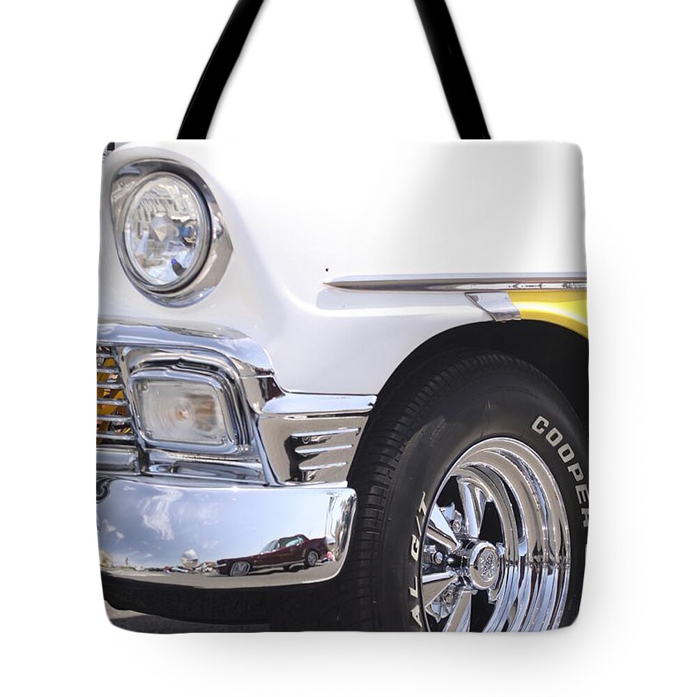 White Tote Bag featuring the photograph White and Yellow Classic Chevy by Jeff Floyd CA