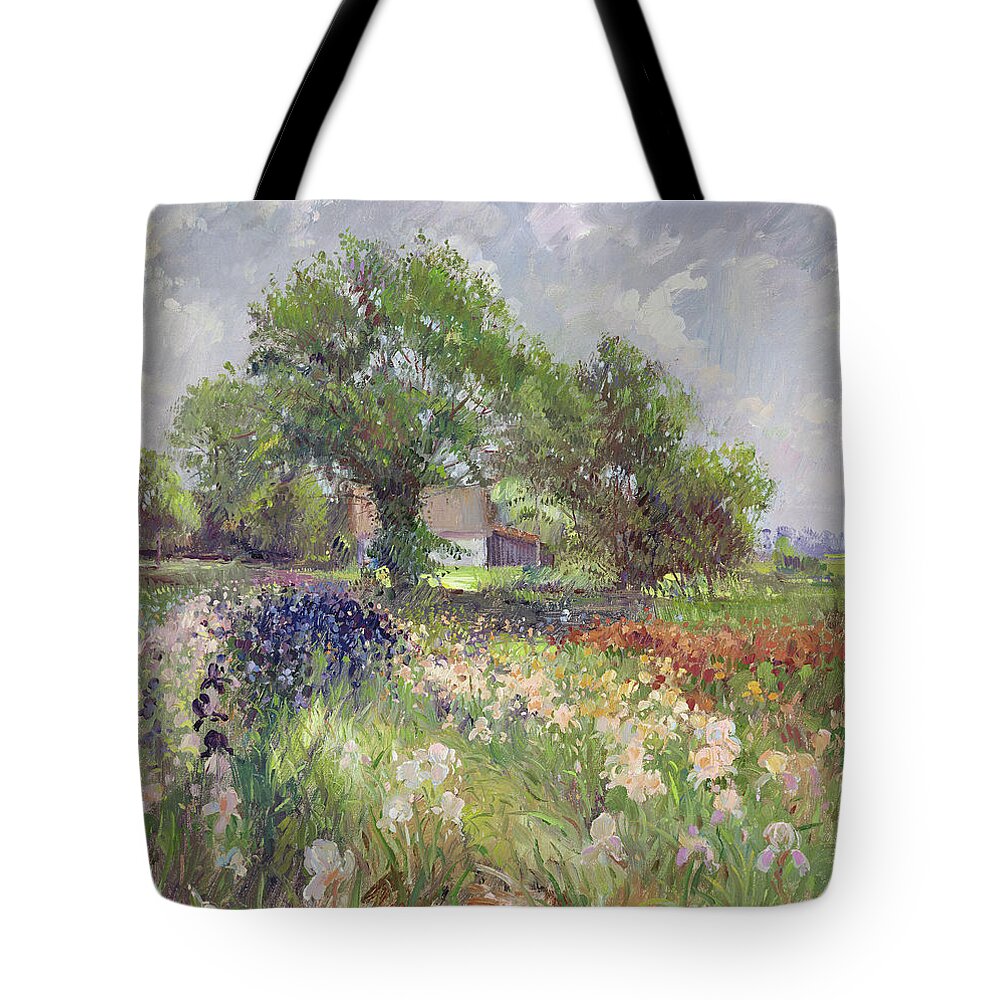 Flower Tote Bag featuring the painting White Barn and Iris Field by Timothy Easton