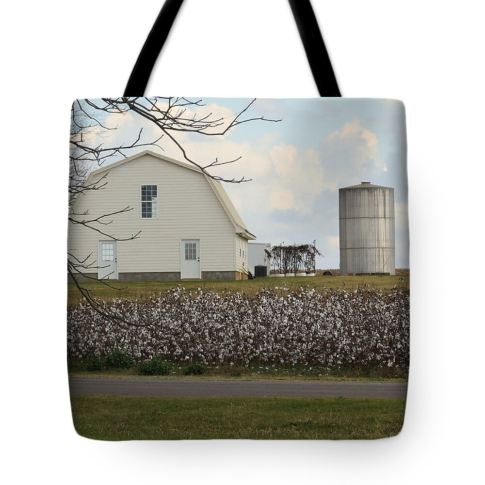 Barn Tote Bag featuring the photograph White Barn Cotton Patch Sunny by Rosalie Scanlon