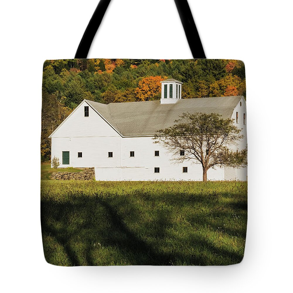 Williamsville Vermont Tote Bag featuring the photograph White Barn In Color by Tom Singleton