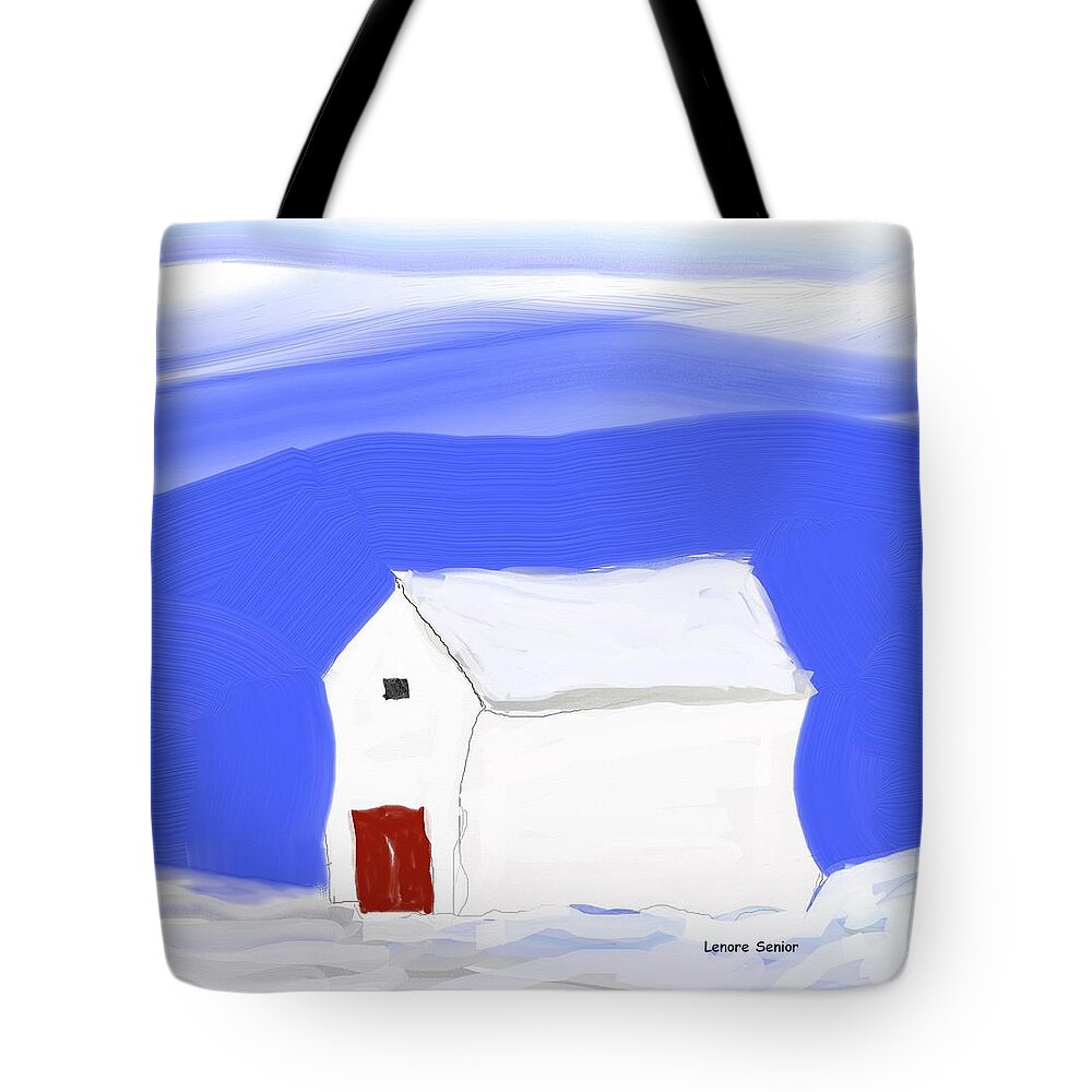 Minimal Tote Bag featuring the painting White Barn Red Doors by Lenore Senior