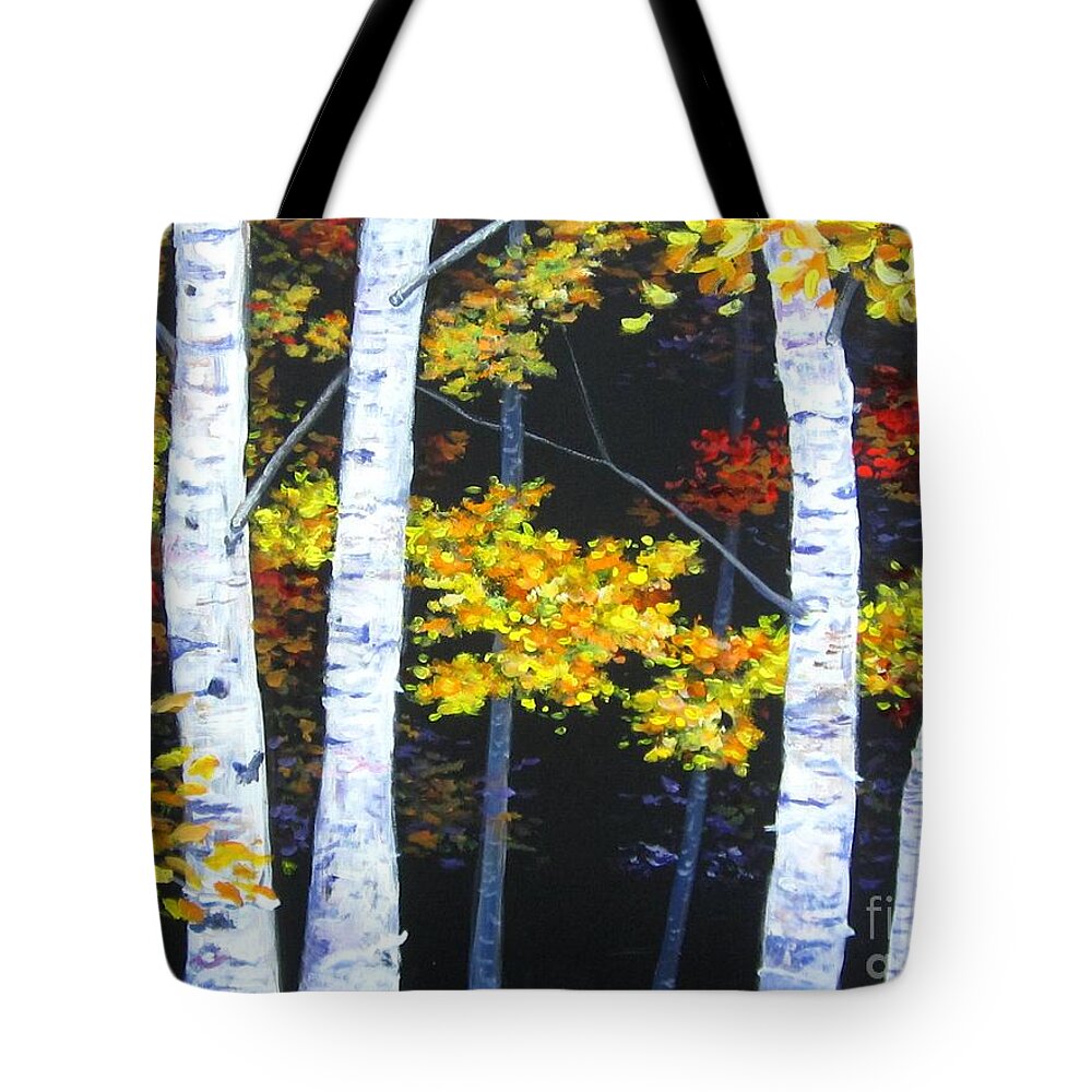Birch Tote Bag featuring the painting White Birches on Black by Anne Marie Brown