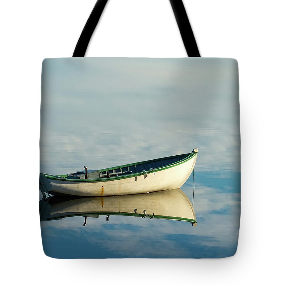 White Tote Bag featuring the photograph White boat reflected by Les Palenik