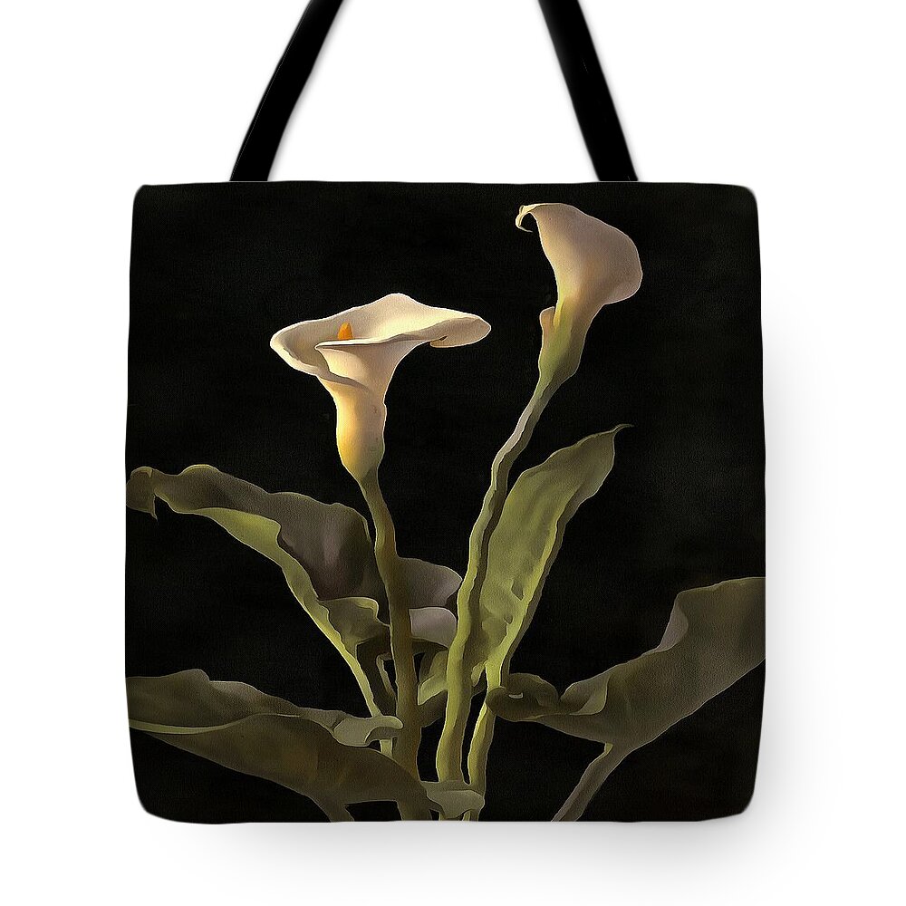 Mothers Day Tote Bag featuring the painting White Calla Lilies On A Black Background by Taiche Acrylic Art