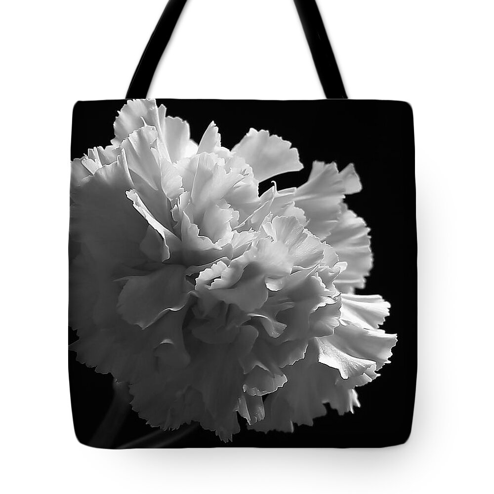 Flower Tote Bag featuring the photograph White Carnation Monochrome by Jeff Townsend
