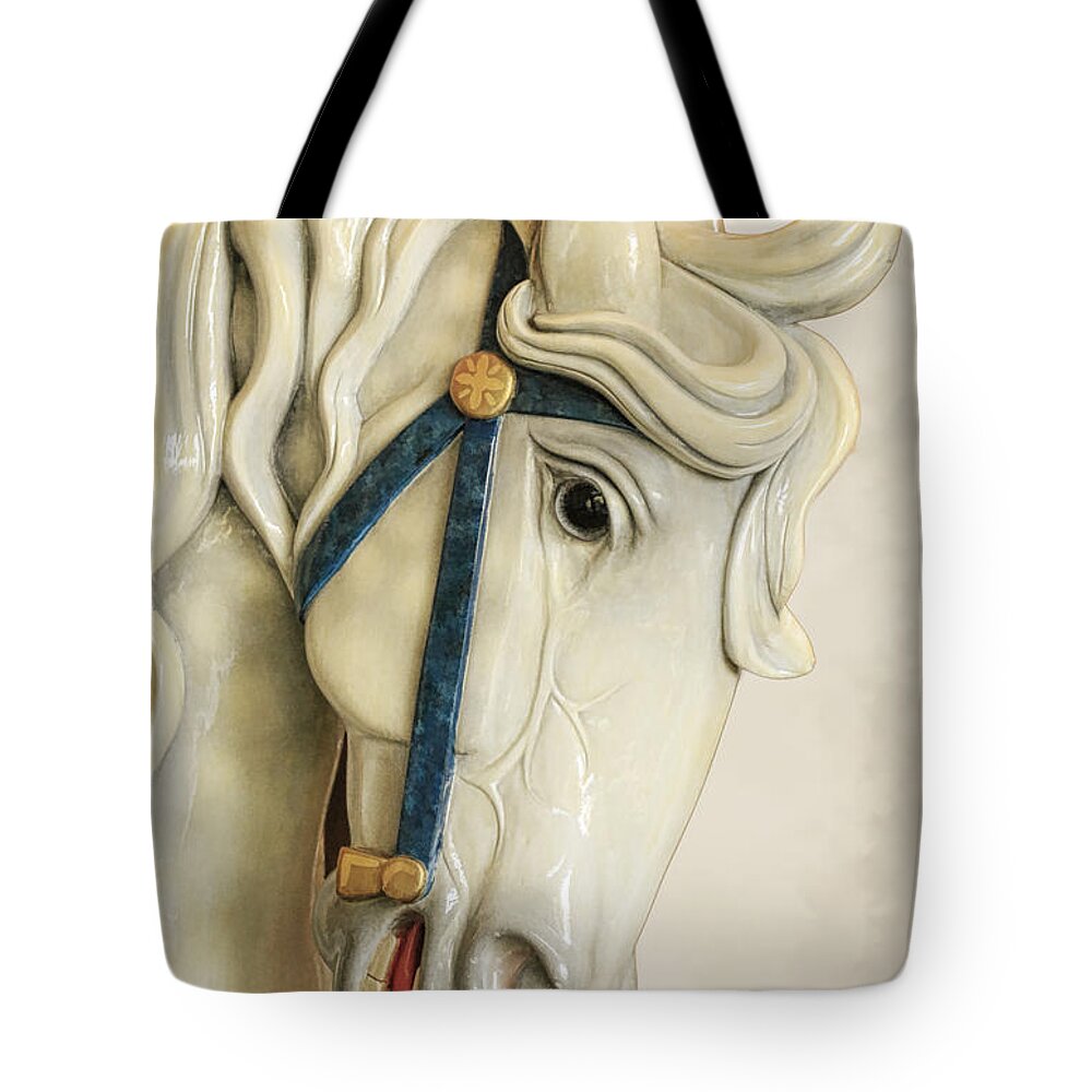 Carousel Horse Tote Bag featuring the photograph White Carousel Horse by Steve McKinzie