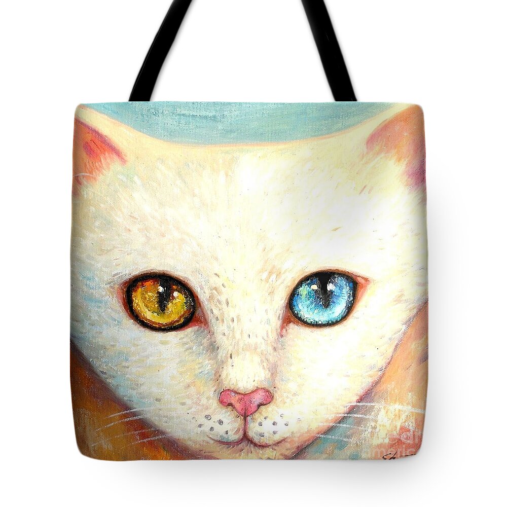 Portrait Tote Bag featuring the painting White Cat by Shijun Munns