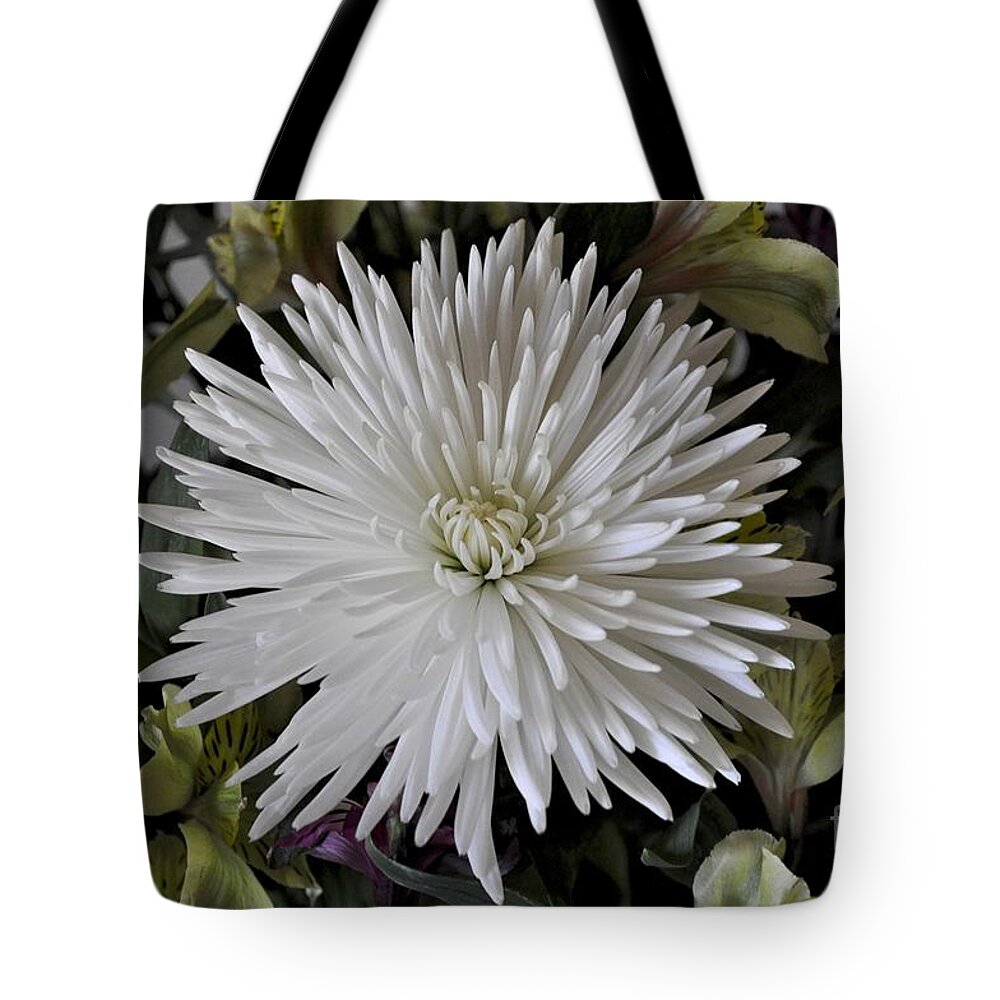 White Tote Bag featuring the photograph White Chrysanthemum by Bridgette Gomes