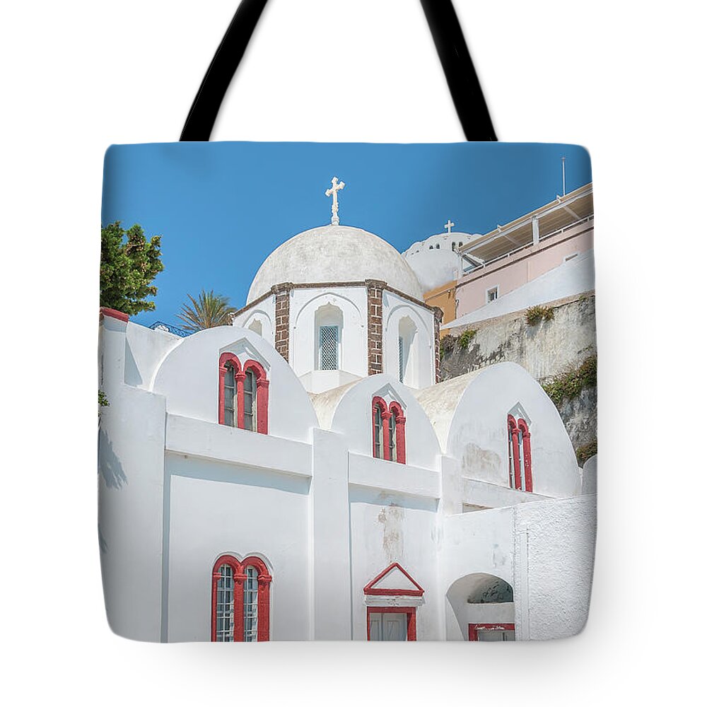 Cyclades Tote Bag featuring the photograph White Church at Fira by Antony McAulay