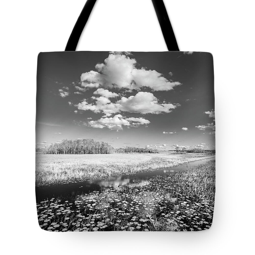 Clouds Tote Bag featuring the photograph White Clouds over the Marsh in Black and White by Debra and Dave Vanderlaan