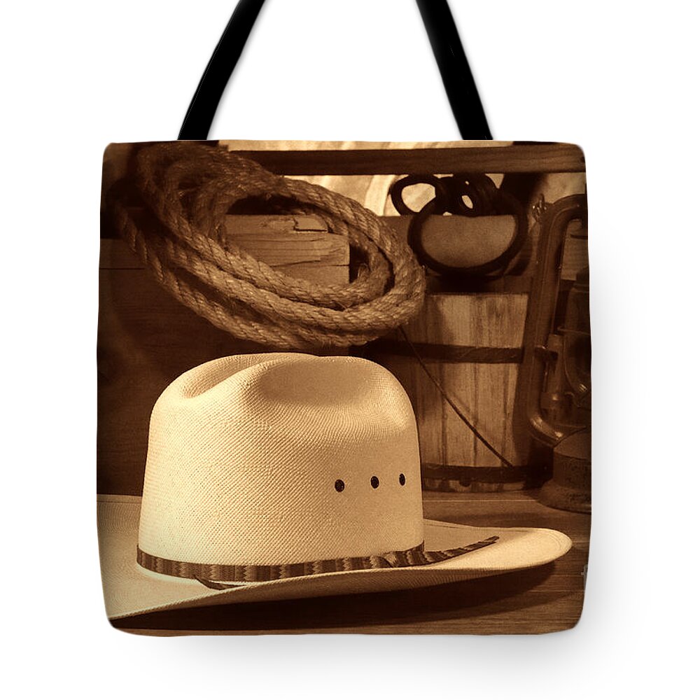 Barn Tote Bag featuring the photograph White Cowboy Hat on Workbench by American West Legend By Olivier Le Queinec