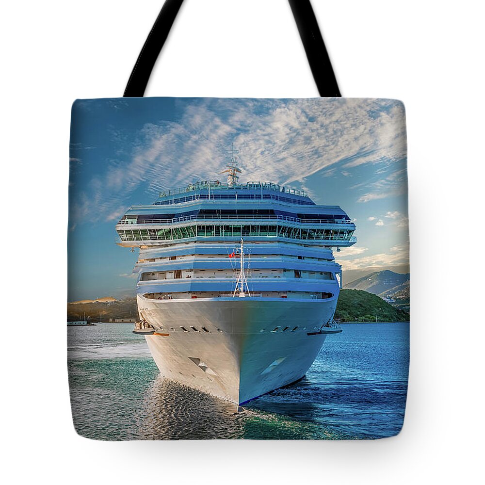 Boat Tote Bag featuring the photograph White Cruise Ship from Front by Darryl Brooks