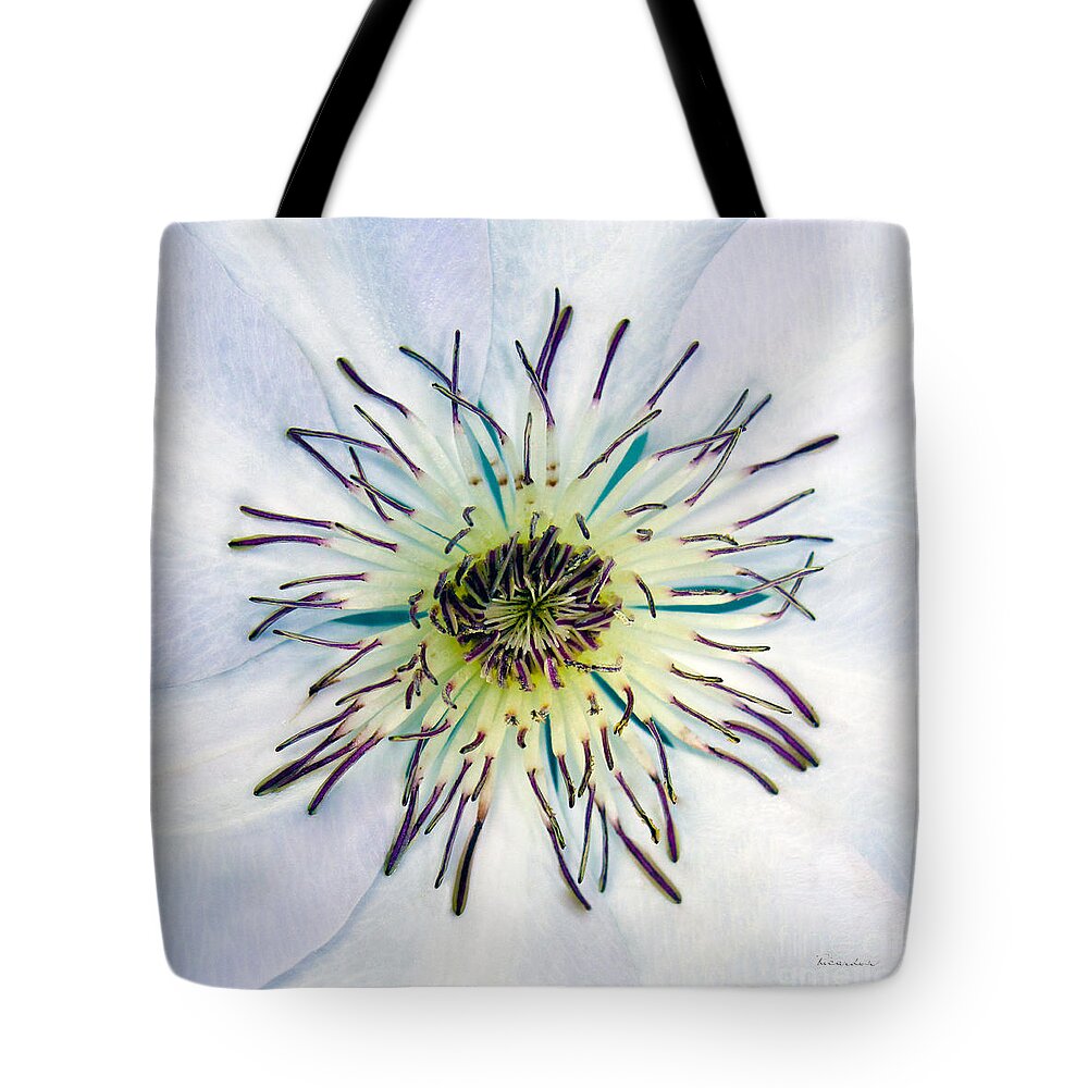 4922a Tote Bag featuring the photograph White Expressive Clematis Flower Macro Photo 4922 by Ricardos Creations