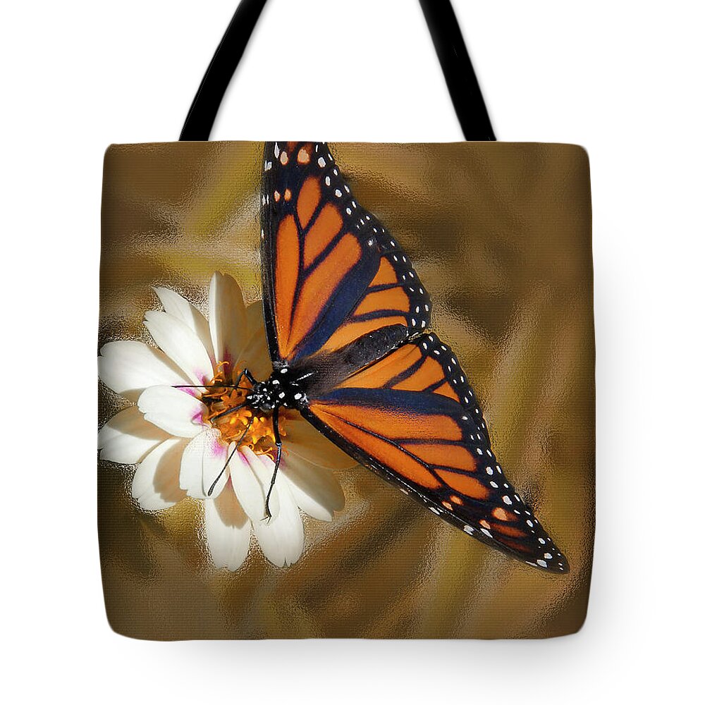 White Flower Tote Bag featuring the photograph White Flower with Monarch Butterfly by Peg Runyan